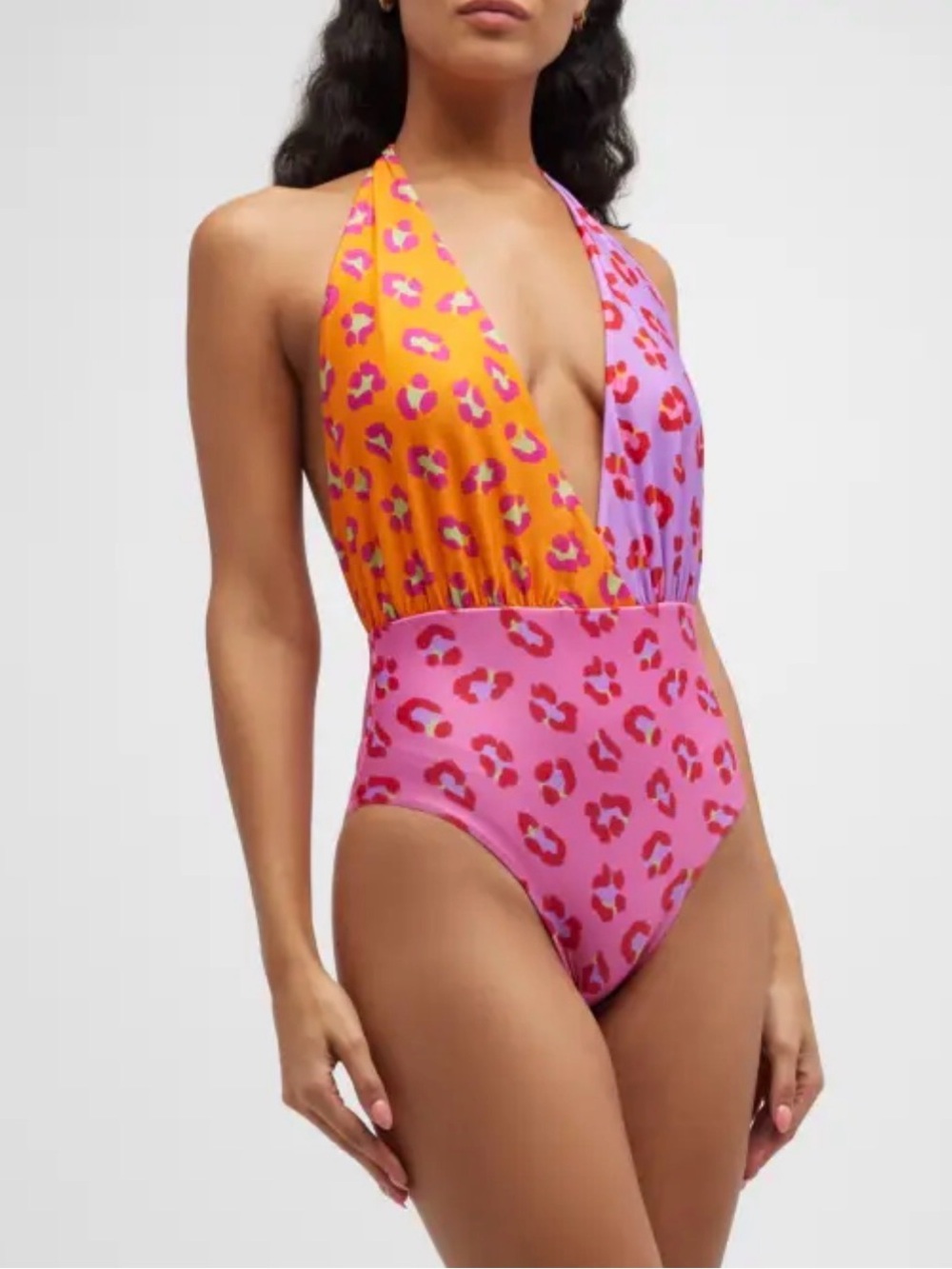Colorblock Leopard Halter One-Piece Bodysuit - Pink, Orange & Purple